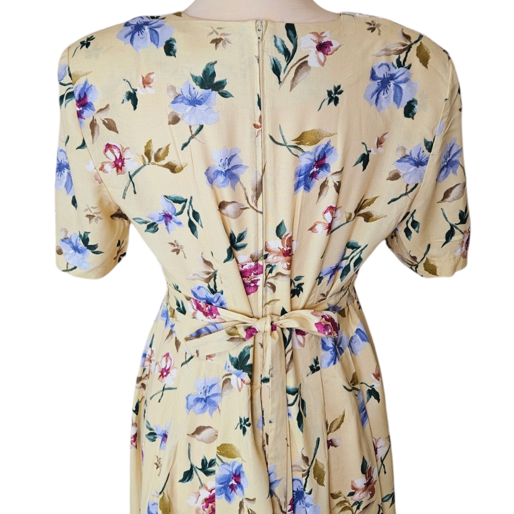 Vintage Prairie Cottagecore Floral Midi Dress Yellow Lace Collar Empire Waist 8 - Picture 6 of 13